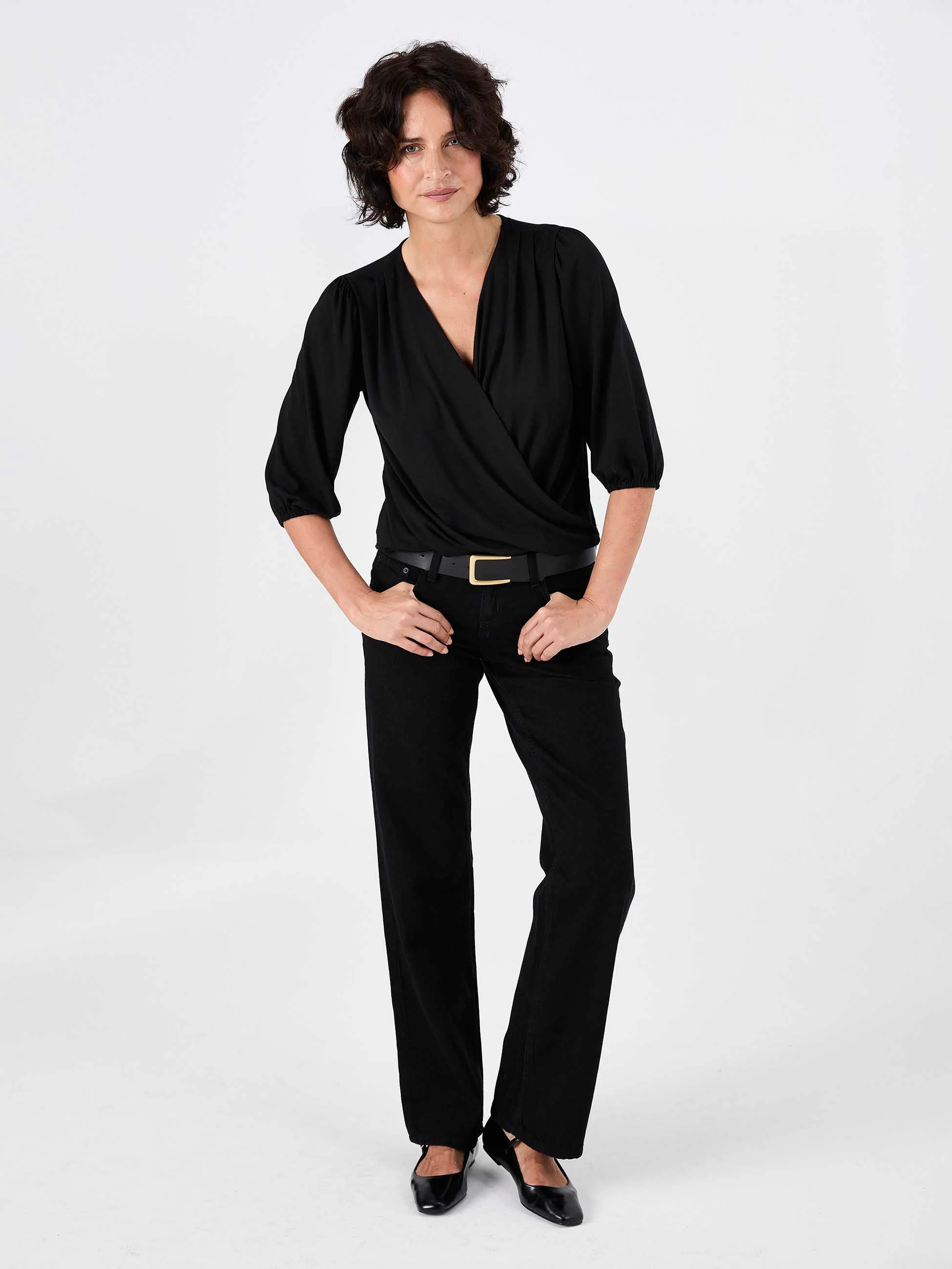 Athena 7/8 Sleeve  Drape Top - Black - Image 4