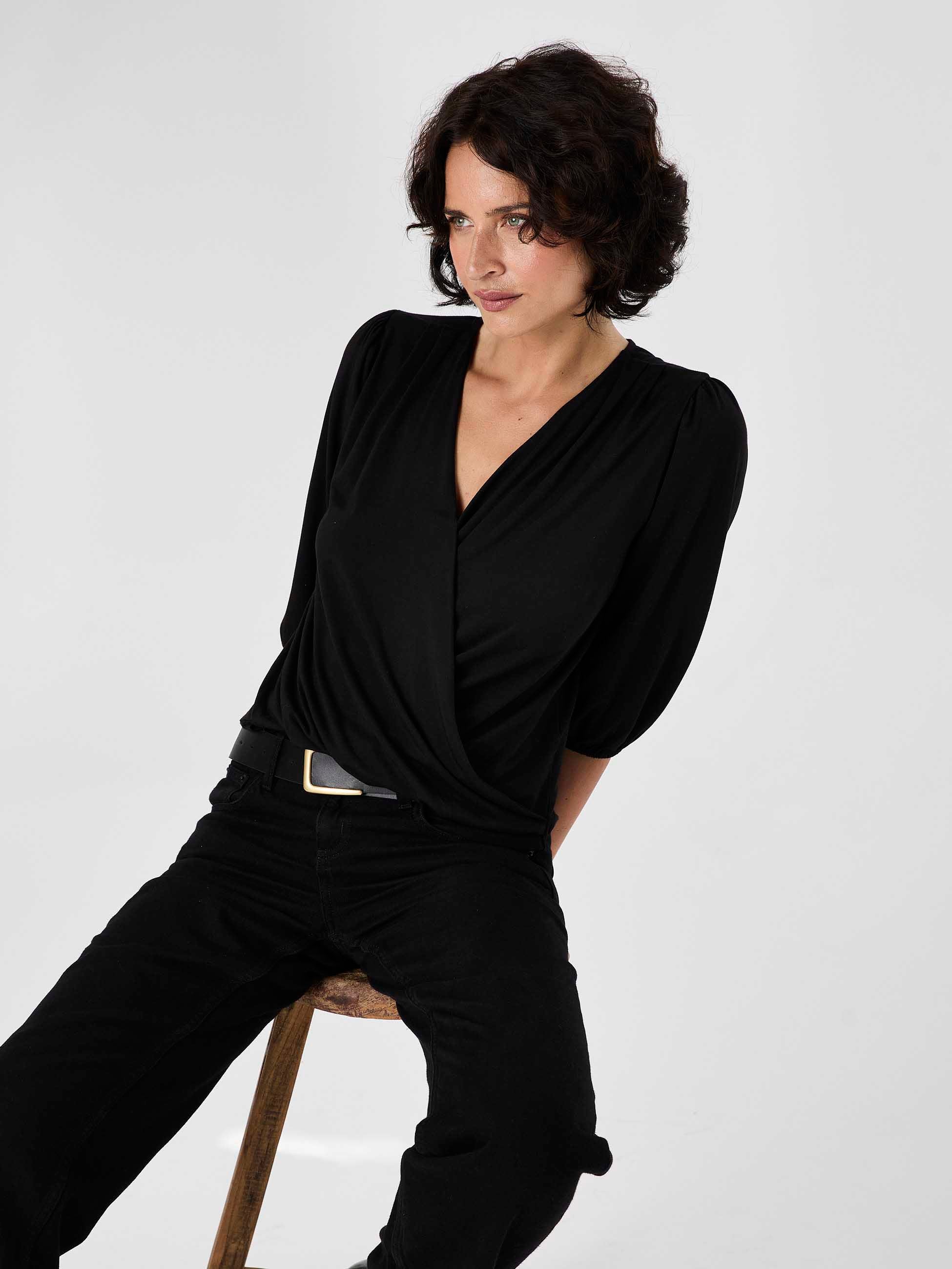 Athena 7/8 Sleeve  Drape Top - Black - Image 6