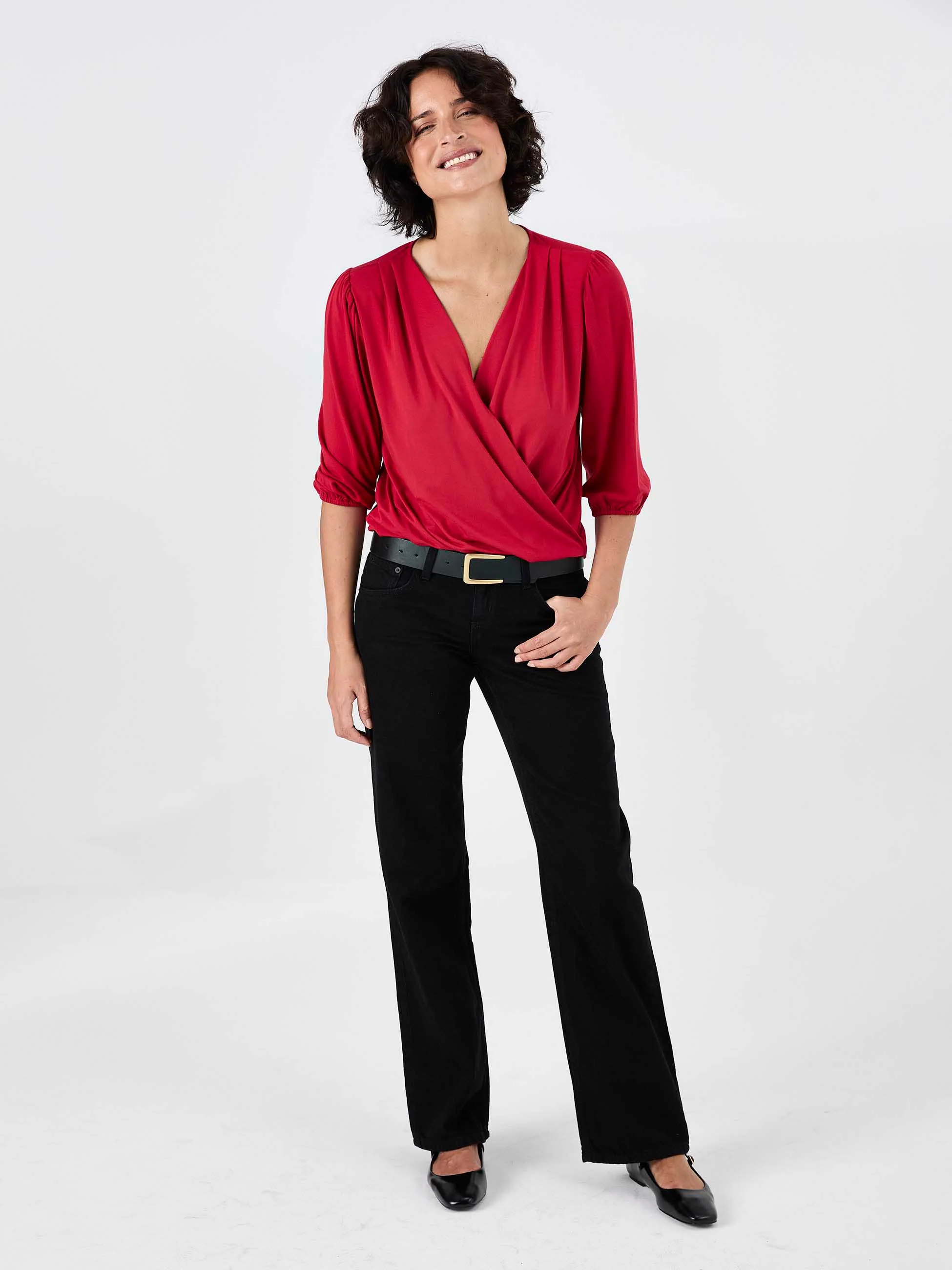 Athena 7/8 Sleeve  Drape Top - Cherry - Image 4