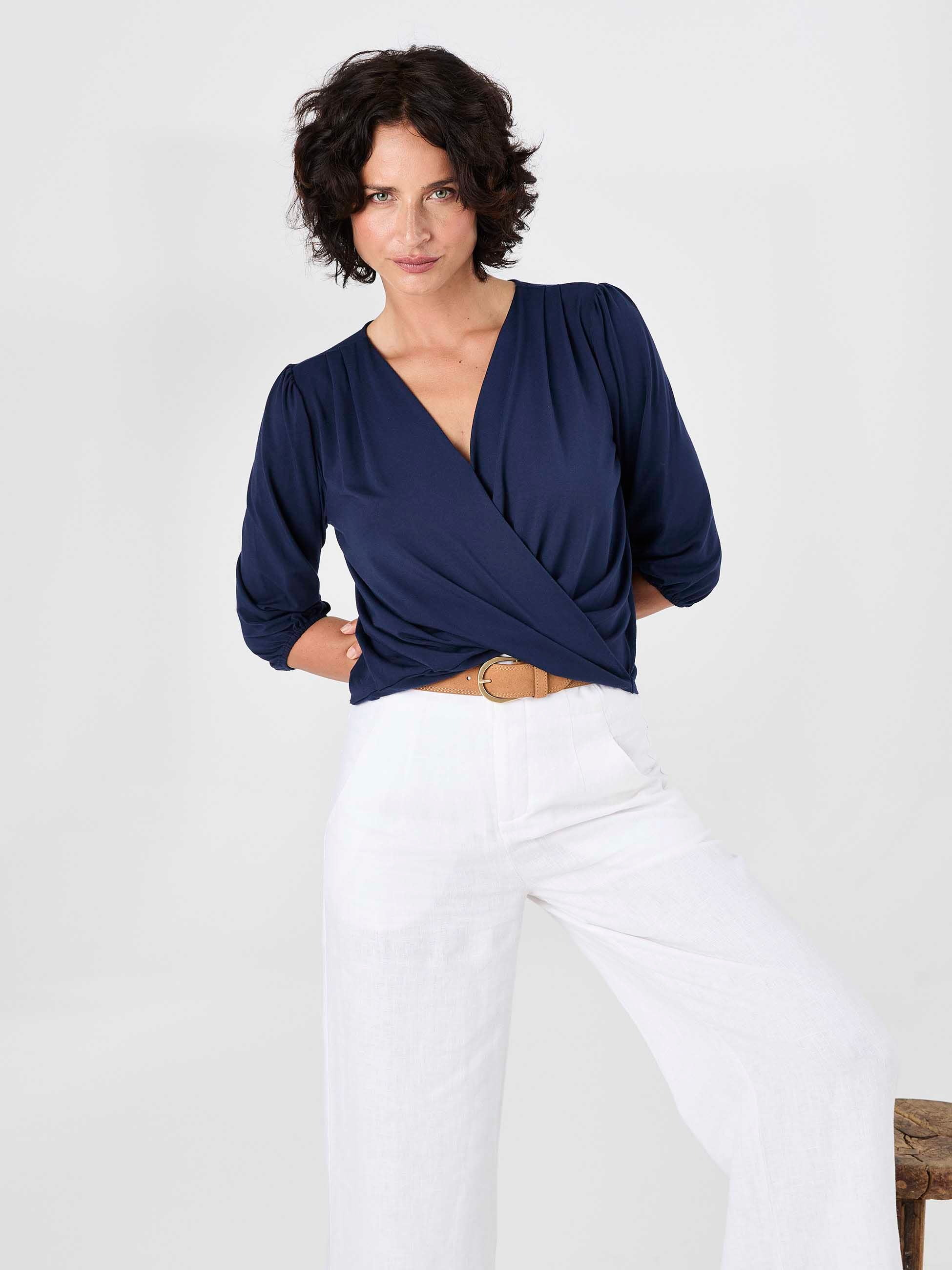 Athena 7/8 Sleeve  Drape Top - Navy - Image 3