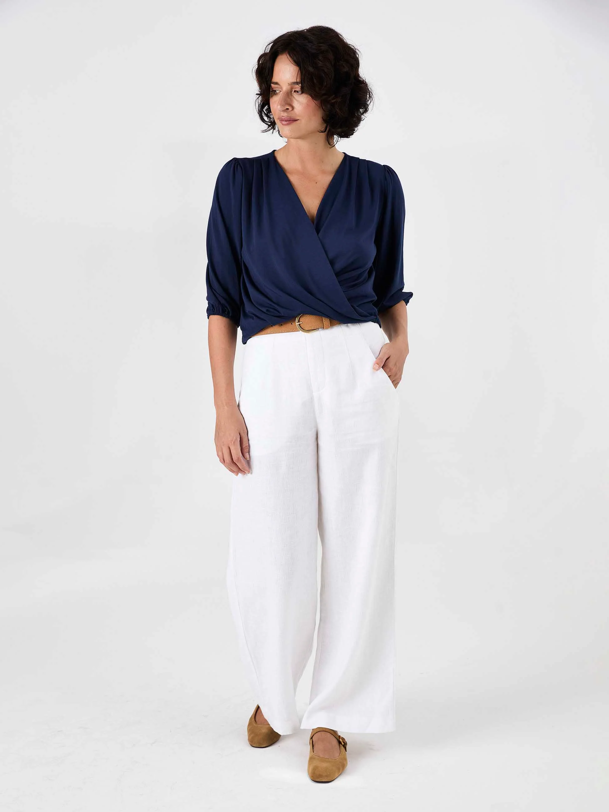 Athena 7/8 Sleeve  Drape Top - Navy - Image 4