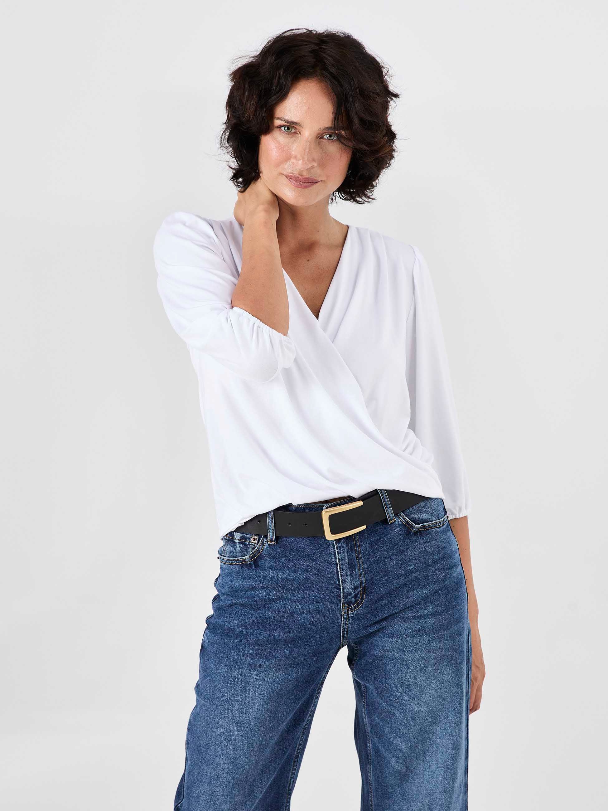 Athena 7/8 Sleeve  Drape Top - White - Image 6