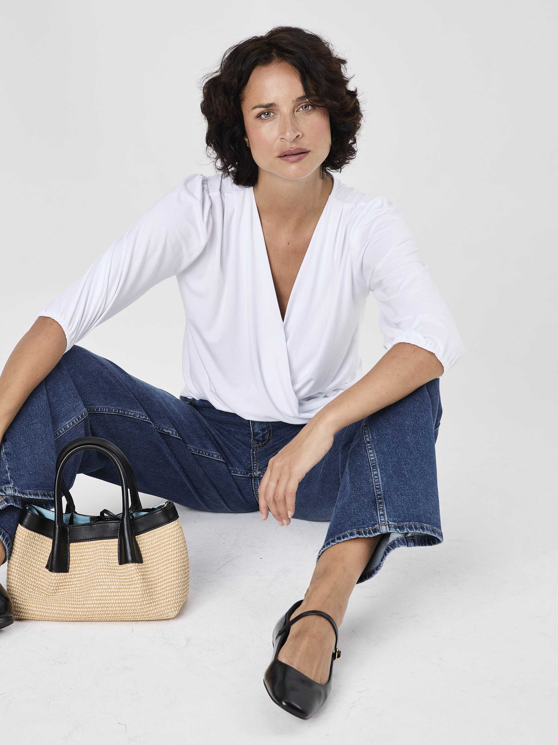 Athena 7/8 Sleeve  Drape Top - White - Image 7