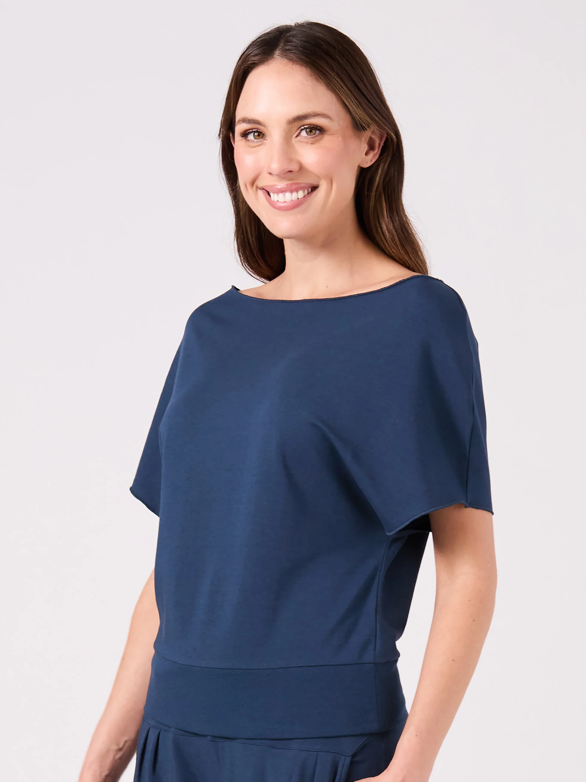 French Terry Short Sleeve Off Shoulder Sweatshirt  - Navy - Image 3