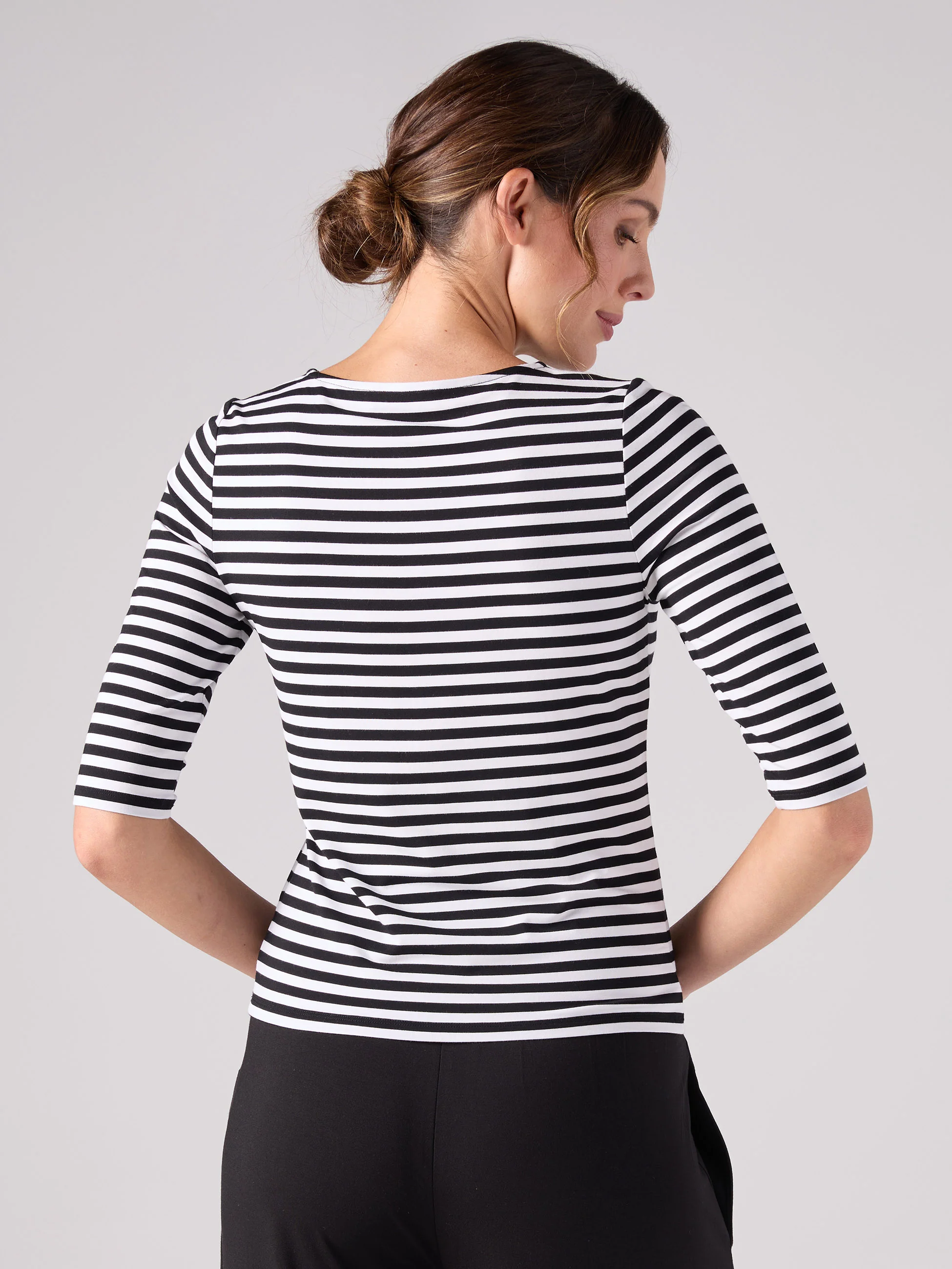 Stripe 7/8 Sleeve Crew Top  - Black - Image 3