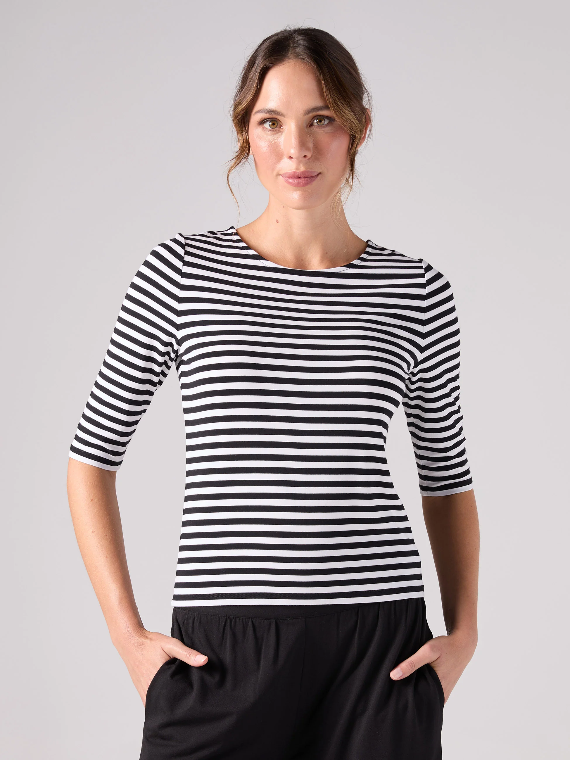 Stripe 7/8 Sleeve Crew Top  - Black - Image 4